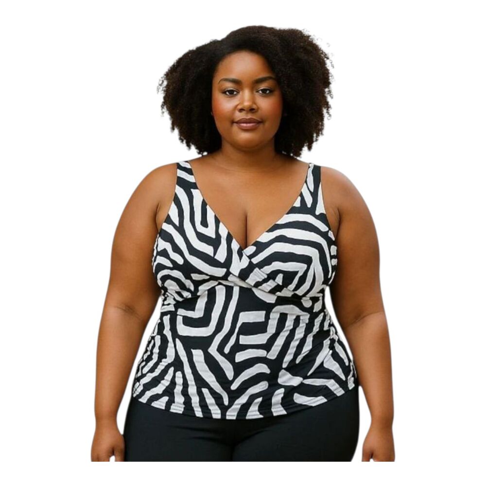 Bal Harbour Crossover Tankini Top Zebra Print Black White Plus Size 3X NEW WT
